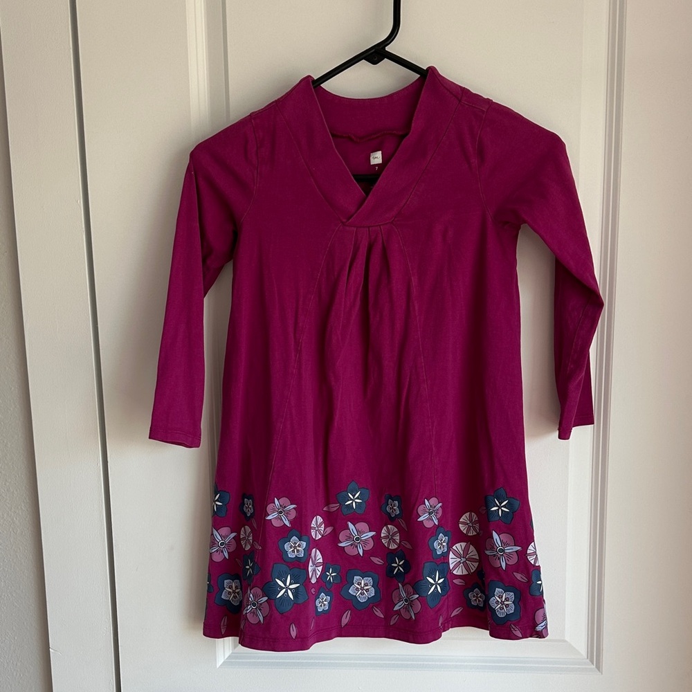 Tea Collection Girls Pink Purple Floral Hem Dress Size 7 Long Sleeve 100% Cotton